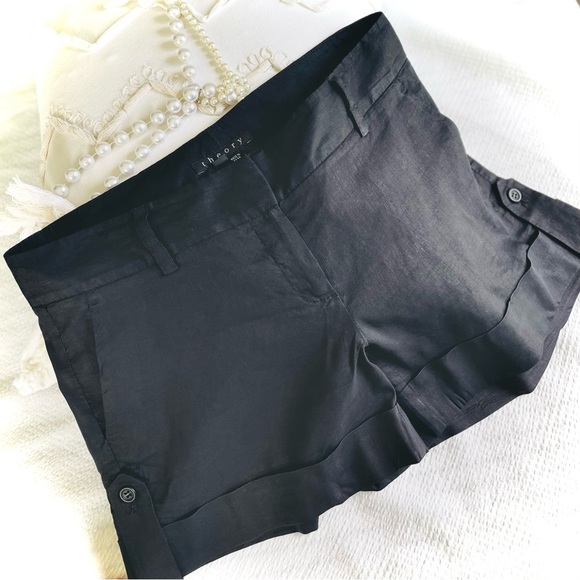 THEORY | 8 | Ruby Black Linen Viscose Lightweight Dress Short Button Cuff Detail - Picture 4 of 15